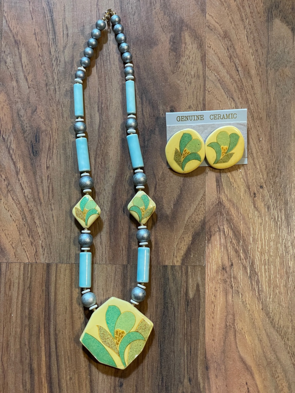 Vintage Genuine Ceramic Hand Painted Beaded Pendent Necklace Matching Earrings